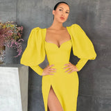Women Lantern Sleeve Dresses High Split Square Collar Autumn 2021 Vintage Shrug Chic Party Wear Elegant Female