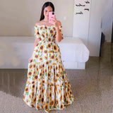 Fongt New Spring And Summer Women's Dress A Word Broken Shoulder Long Printed Fairy