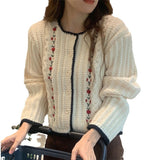 Chic Autumn And Winter French Small Fragrant Wind Three-Dimensional Embroidery Flowers Contrast Color Small Knit Sweater Sweater Coat Female-Outfit