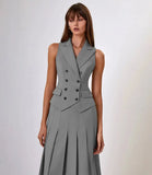 Buttoned Vest And Pleated Midi Skirt Two Piece Set-Outfit
