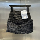 Faux Fur Trim Denim Mini Skirt-Outfit