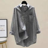 Fongt Spring And Autumn New Han Fan Literature And Arts Front Short And Rear Long Shirt Women Long Striped Shirt Casual Coat