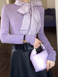 Fongt Design With Bow Temperament Elegant Knitted Shirt Autumn And Winter New Rich Gold Feeling Thin Top