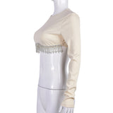Rhinestone Tassel Long Sleeve Crop Top Solid Round Neck Ribbed Knit Blouses Women Shirts Street Club