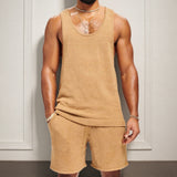 Fongt Men's Fan Men's Summer Knitted Two-Sleeve Leisure Hair Weaving Vest Set