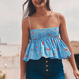 Blue Cherry Plaid Print Peplum Cami Top-Outfit