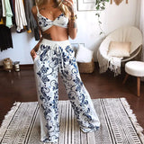 Fongt Summer New Women's Printed Sexy Breasts Loose Broad Leg Pants Two Sets