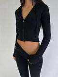 Knit Zipper Hodded Top And Pants Set-Outfit