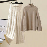 Warm 3 Piece Sets Womens Outfits Office Ladies Turtleneck Knitted Sweater+woolen Parkas Vest+wide Leg Knitting Pants