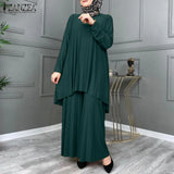ZANZEA Women Muslim Sets Islamic Clothing Plain Suits Morocco Turkish Pleated Full Sleeve Tops Wide Legs Long Pants