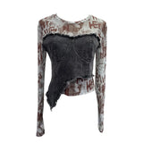 Solid Shooting Tie-Dye Print Spliced Denim T-Shirt Girl Autumn Design Sense Irregular Hair Side Short-Sleeved Top