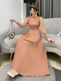 Fongt Ripe Wind High Waist Round Collar Dress Spring And Autumn New Temperament Solid Color To Show Thin Waist Swing 100 Rhetum Long Skirt