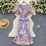 Fongt High-End Elegant Heavy Industry Flower Embroidery Round Collar Lantern Sleeves To Close The Waist Slim Slimmed Fishtail Dress Dress