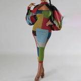 Fongt New Fashion Splicing Color Print Long-Sleeved Large-Size