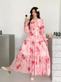 Fongt Dress Women 2025 New High-End Sense V-Neck Pearl Buckle Lantern Sleeves Wide Swing Print Long Skirt