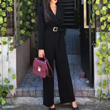 Lady Elegant Wide Leg Jumpsuits Women Autumn Solid Color Rompers Belted Waist Office Wear Playsuits Long Pants