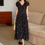 Fongt Chic Summer French Elegant V Collar Fold Feeling Waist Show Thin Long Broken Flower Platycodon Dress Female-Outfit