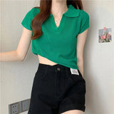 Fongt T-Shirt Women Summer New Short Net Red Hollow Knitted Shirt Full Set Thin Polo Collar Short Sleeve Top