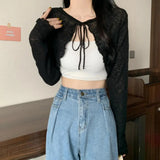 Short Cardigan Women Long Sleeve Thin Open Stitch Knitted Sweater Shirts Female Solid Shawl-Outfit