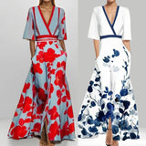 Fongt Women's Fashion Elegant Temperament V-Neck Print With Large Skirt Dress Dress Woman