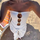 Fongt Summer New Metal Accessories Opening Design Bra-Smeared One-Piece