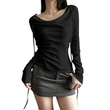 Fongt 2024 Winter Women's Solid Color Slim And Sexy V-Neck Long Sleeve Strap T-Shirt-Outfit