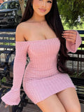 Pink Bodycon Knitted Off Shoulder Mini Dress-Outfit