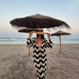 Fongt Women's Explosive Long-Sleeved Knitted Round Lace Hollow Long Dress Fashion Light Luxury