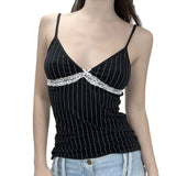 Fongt Cloth Forget Black And White Striped Lace Lace Splicing V-Neck Sling Vest Sexy Set-Up Inside The Body