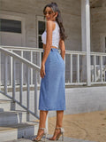 Side Slit Buttoned Denim Midi Skir-Outfit