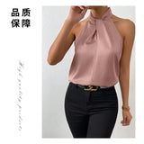 New Summer Women's Satin Neck-Hanging Sleeveless Vest Satin Imitation Silk Blouse From Stock-Outfit