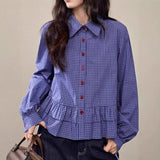 Fongt Plaid Shirt Woman 2025 Spring New Thin Soft Leaf Side Long-Sleeved Shirt Blouse Short Autumn