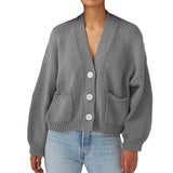 Fongt / Winter New Sweater Women's Long Sleeve Pocket Single Breasted V-Neck Knit