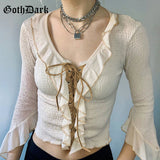 Dark Fairycore Cute Ruffles Women T-shirts Autumn Gothic Flare Sleeve Bodycon Crop Tops Grunge Lace Up Streetwear