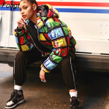 Colorful Dollar Print Cotton Padded Coat Women Winter Detachable Hoodie Stand Collar Long Sleeve Zipper Down