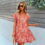 Short Sleeve V Neck Loose Ladies Casual Mini