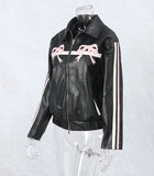 Fongt Women's Explosive Bow Zip Leather Jacket Jacket Casual