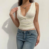 Fongt Double Lace Patchwork Vest 2023 New Hot Girl Low-Cut Short Sleeveless Top-Outfit