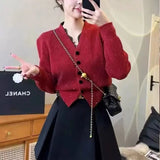 Year's Red V-Collar Lace Spliced Long-Sleeved Sweater Autumn And Winter 2023 New Short Style Thin Sweater Blouse-Outfit