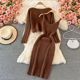 2023 Loose Round Collar Slim Short Knit Top Two Suit Slip Vest Dress Slim Dress-Outfit