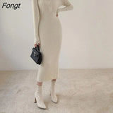 Women's Autumn and Winter Long Skirt Shows Thin and High Temperament Sexy Tight Hip Wrap Long Sleeve Knitted Dress White