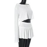 White Long Sleeve Crop Top And Micro Pleated Mini Skirt Set-Outfit