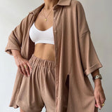 Fongt New Personalized Open Fork Mid-Sleeve Shirt Shorts Set