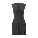 Fongt S Women's Fall 2023 New Sexy Deep V Waist Fake Pocket Suit Temperament Pleated Skirt