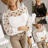 New Sexy Hollowed-Out Lace Lace Stitching Round Collar Long Sleeve Shirt Women's Clothing-Outfit
