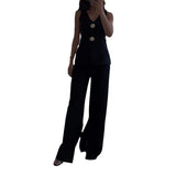 Fongt Spring And Summer New Solid Color V-Neck Sleeveless Vest Wide Leg Pants Casual Two-Piece