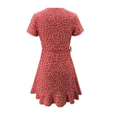 Women Boho Beach Dress Ruffle V Neck Short Sleeve Little Flowers Printing High Waist Mini Vestidos Casual Party