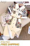 Women's Summer New High-end Polo Neck Bbear Print Short Sleeve Button French High Waist A-line Fashion Elegant