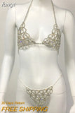 Rhinestone Diamonds Women Bikini Set Fashion Hollow Out Nightclub See Through Halter Bra Adjustable Metal Chain
