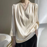 Fongt 2023 Summer Women's New Satin Shirt V-Neck Simple Nine-Minute Sleeve Temperament Versatile French Jacket-Outfit